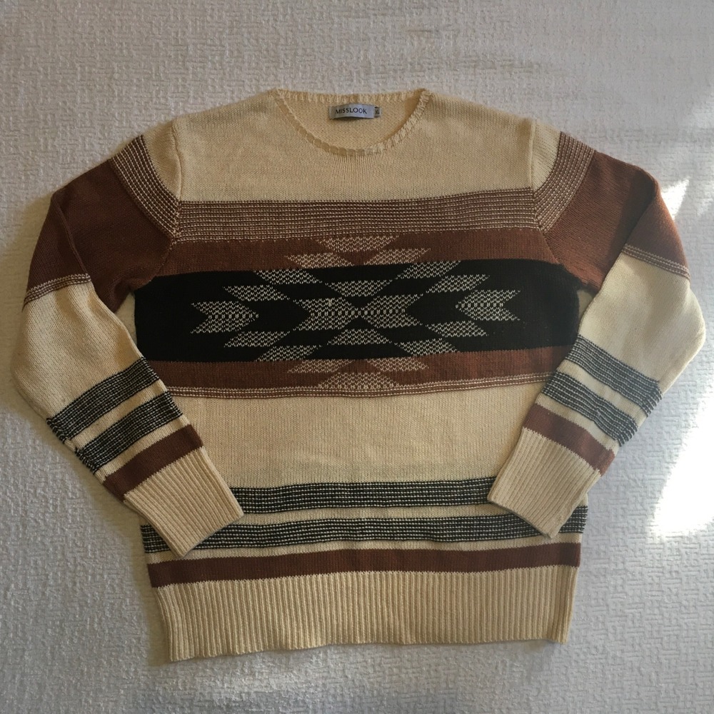 MISSLOOK Southwestern Aztec Knit‎ Sweater Brown Beige Striped Pullover XL